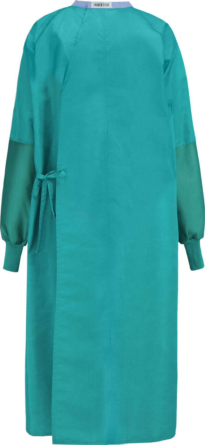 A teal Surgical Gown, Level 3, Tie Closure, 5AB with long sleeves, a rear closure, and a waist tie by Lac-Mac, Limited viewed from the back. This AAMI PB70 Standard garment offers a liquid-resistant barrier.