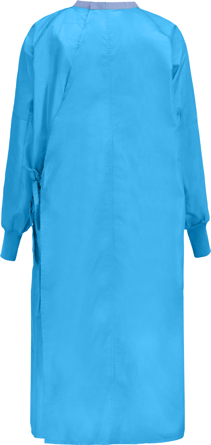 A Lac-Mac, Limited Gown, Level 2, 2-Ply, 5DSAA viewed from the back, featuring long sleeves and a secure overlap back closure for added protection.