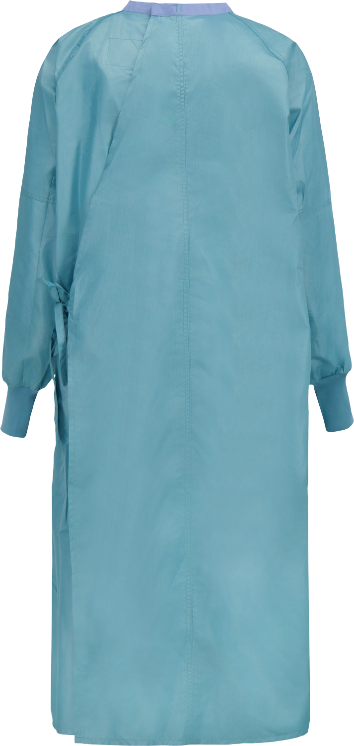 A long-sleeved, blue medical gown with overlap back design is viewed from the back, featuring a tie closure and elastic cuffs. This Lac-Mac, Limited Gown, Level 2, 2-Ply, 5DSAA ensures optimal protection and comfort.