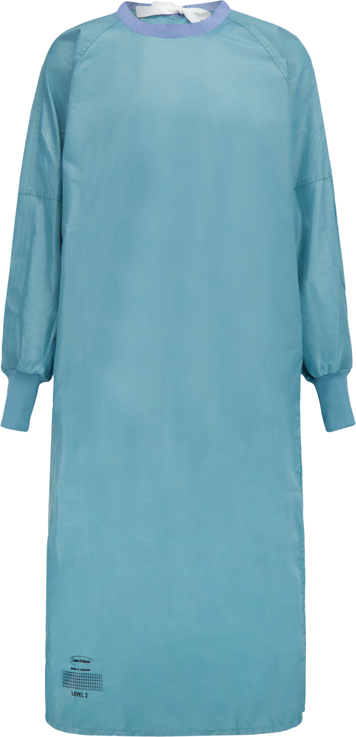 A blue, long-sleeved Lac-Mac, Limited Gown, Level 2, 2-Ply, 5DSAA with elastic cuffs and an overlap back for enhanced protection.