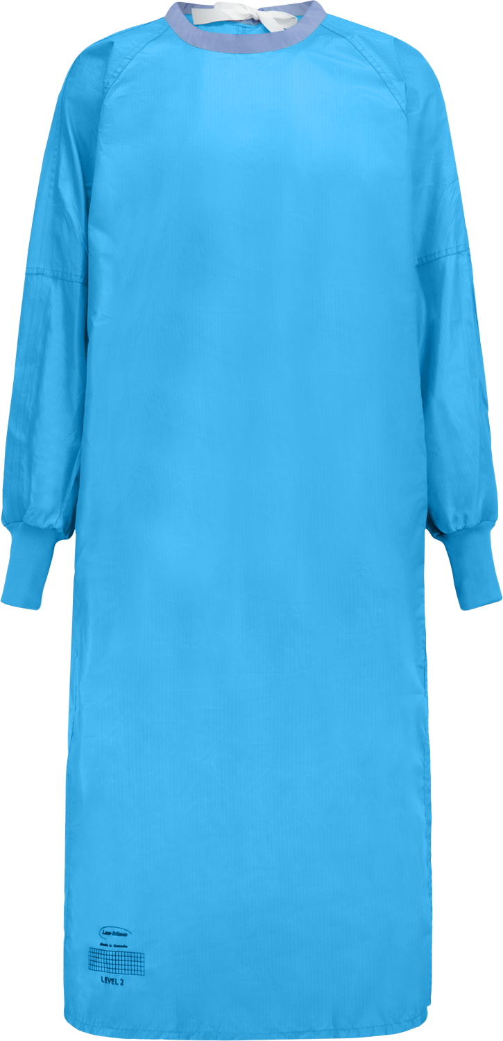 A blue Gown, Level 2, 5DS with long sleeves and elastic cuffs, designed for medical use. This liquid resistant gown from Lac-Mac, Limited features an overlap back for added protection.