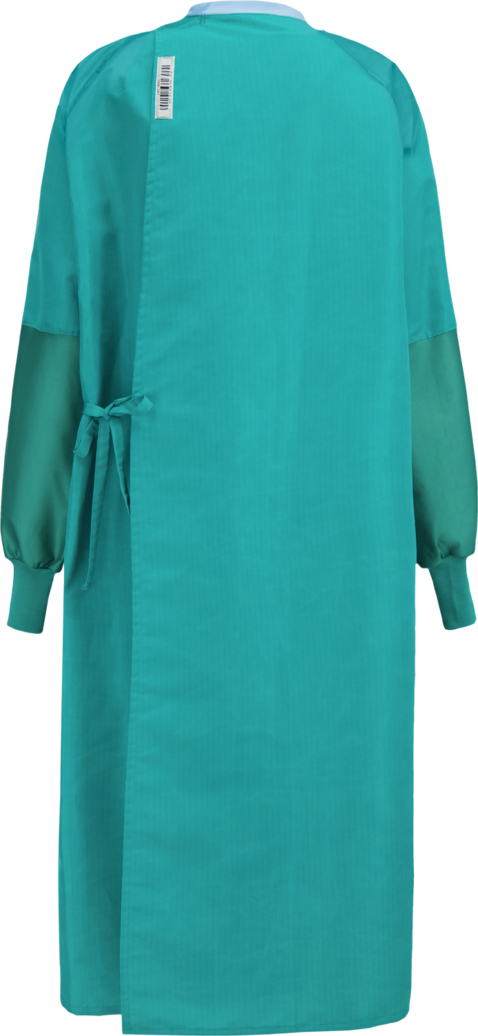A green Lac-Mac, Limited Surgical Gown, Level 3, Tie Closure, Knit Neckband, 5XFAE with long sleeves and a waist tie, photographed from the back. Designed to be liquid resistant, this gown meets AAMI PB70 standards for maximum protection.
