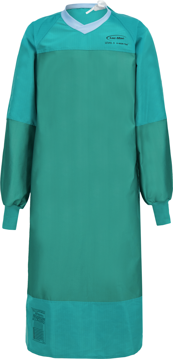 A green Lac-Mac, Limited Surgical Gown, Level 3, Tie Closure, Knit Neckband, 5XFAE with long sleeves, elastic cuffs, and a tie closure at the neck. The liquid-resistant gown features a reinforced front panel and the label "Level 3" near the neckline, adhering to AAMI PB70 standards.