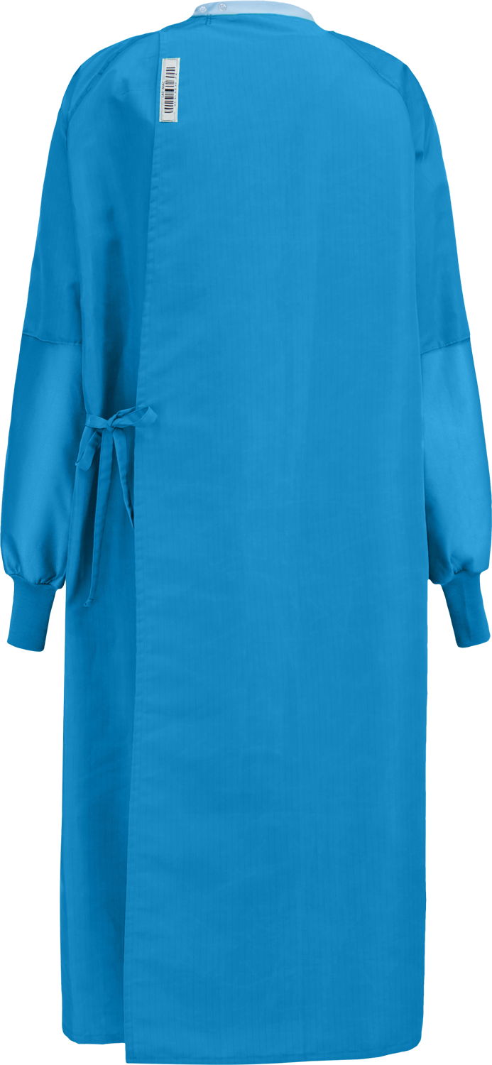 A blue, long-sleeved Lac-Mac, Limited Surgical Gown, Level 4, Grippers at Neck, Tie at Waist, Knit Neckband, 5XFAH viewed from the back, with a tie closure at the waist and a label near the neckline, crafted from liquid-proof barrier fabric meeting AAMI PB70 Standard regulations.