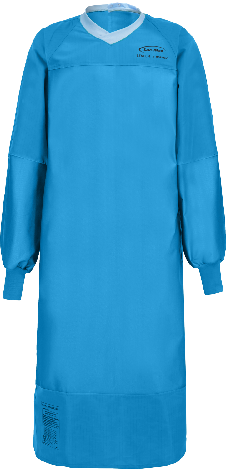 A Lac-Mac, Limited Surgical Gown, Level 4, Grippers at Neck, Tie at Waist, Knit Neckband, 5XFAH made from liquid-proof barrier fabric, designed with cuffed sleeves and a white collar, featuring labeling on the upper chest and lower hem. It meets the AAMI PB70 Standard for optimal protection.