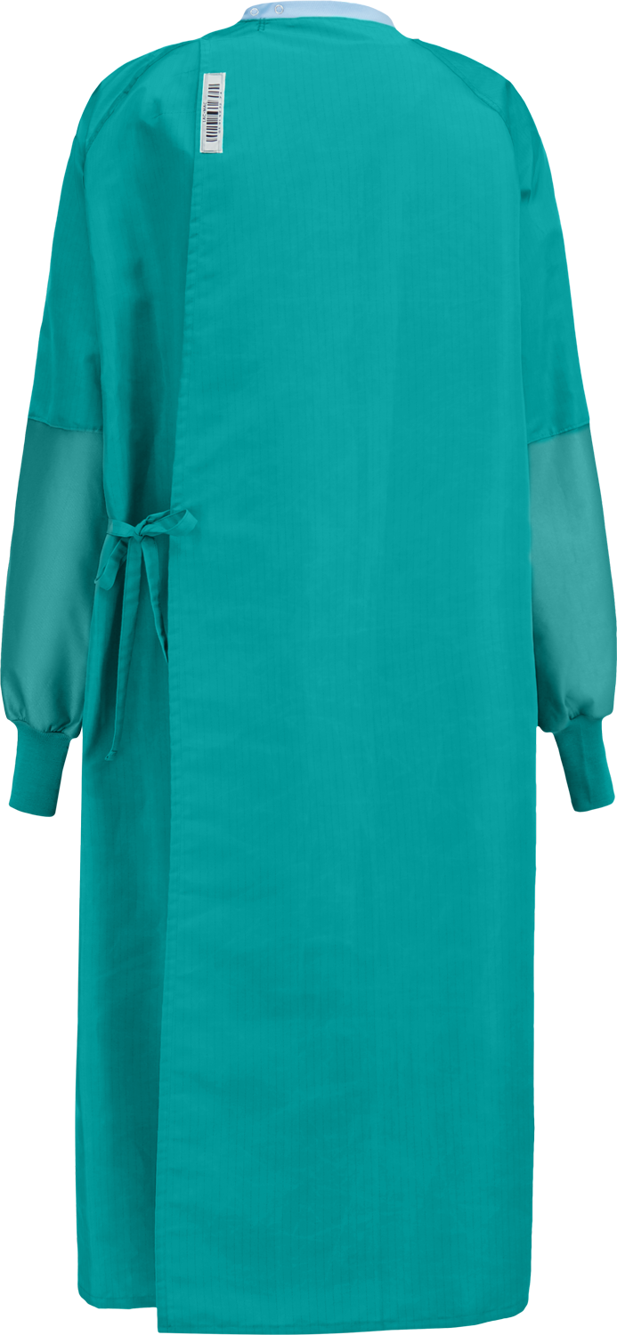 A full-length, teal green Lac-Mac, Limited Surgical Gown, Level 4, Grippers at Neck, Tie at Waist, Knit Neckband, 5XFAH made from liquid-proof barrier fabric with long sleeves and a tied waist, viewed from the back.