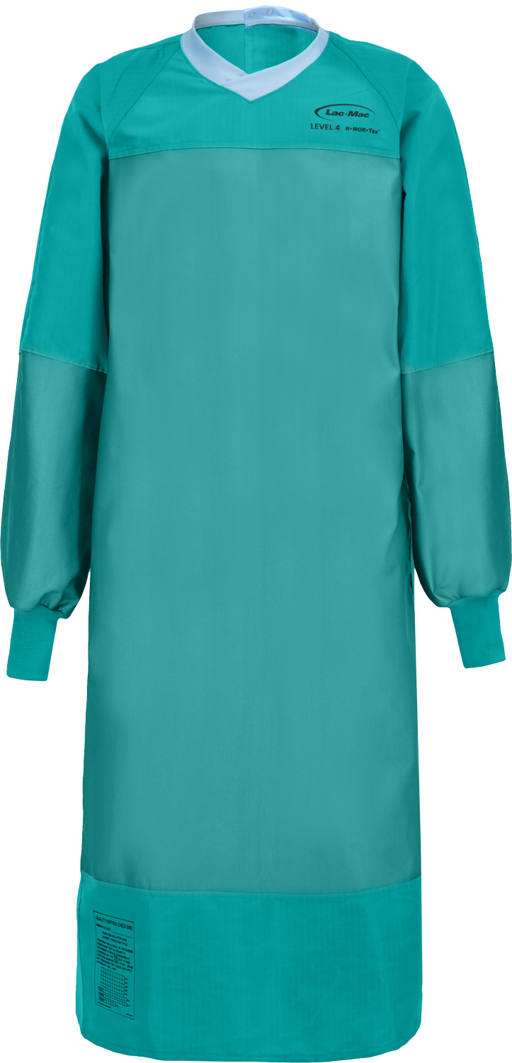 A teal-colored long-sleeve Lac-Mac, Limited Surgical Gown, Level 4, Grippers at Neck, Tie at Waist, Knit Neckband, 5XFAH with a closed back and cuffs at the wrists. Made from liquid-proof barrier fabric, it meets AAMI PB70 Standard and is labeled as a Level 4 protective garment.
