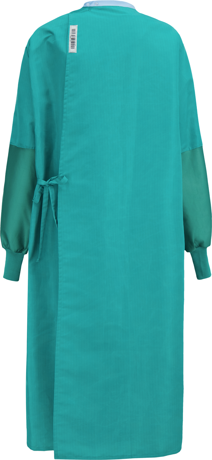 A teal Lac-Mac, Limited Surgical Gown, Level 3, Gripper Closure at Neck, Tie at Waist, Knit Neckband, 5XFAP with long sleeves and a tie at the waist, shown from the back. Liquid resistant and meeting AAMI PB70 standard, it features a barcode label near the collar.