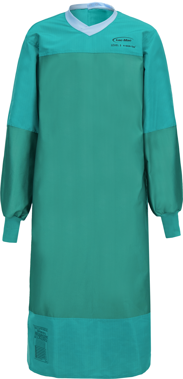 A green protective surgical gown with long sleeves, elastic cuffs, and a V-neck, labeled with "Level 3," "Surgical Gown, Level 3, Gripper Closure at Neck, Tie at Waist, Knit Neckband, 5XFAP," and "Lac-Mac, Limited," meeting the AAMI PB70 standard for liquid resistance.