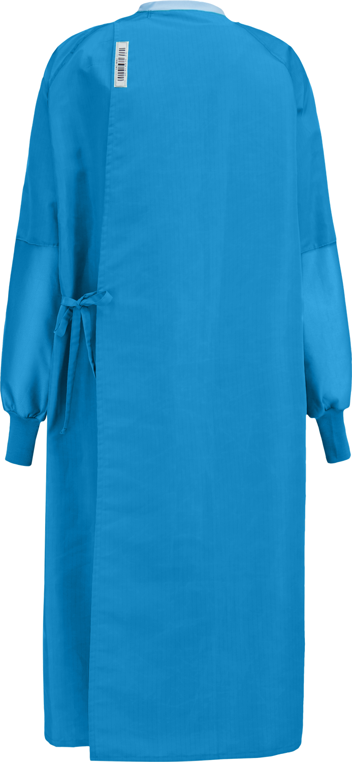 A long-sleeved, blue Lac-Mac, Limited Surgical Gown, Level 4, Tie Closure, Knit Neckband, 5XF displayed from the back, featuring a barcode tag on the upper back and tied at the waist.