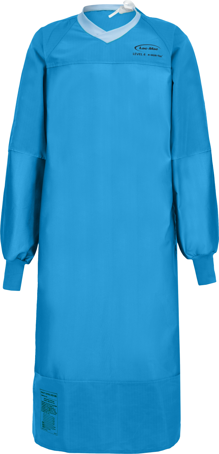 An isolation gown in bright blue with long sleeves, elastic cuffs, and a wrap-around back closure, designed for medical or laboratory use. This Lac-Mac, Limited Surgical Gown, Level 4, Tie Closure, Knit Neckband, 5XF is liquid-proof, ensuring maximum protection.
