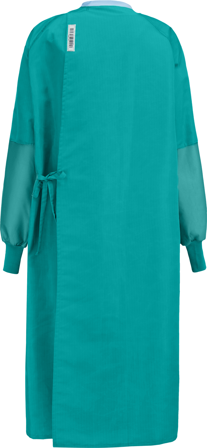 A Lac-Mac, Limited Surgical Gown, Level 4, Tie Closure, Knit Neckband, 5XF with a barcode tag on the upper back, a waist tie at the right side, and liquid-proof protection.