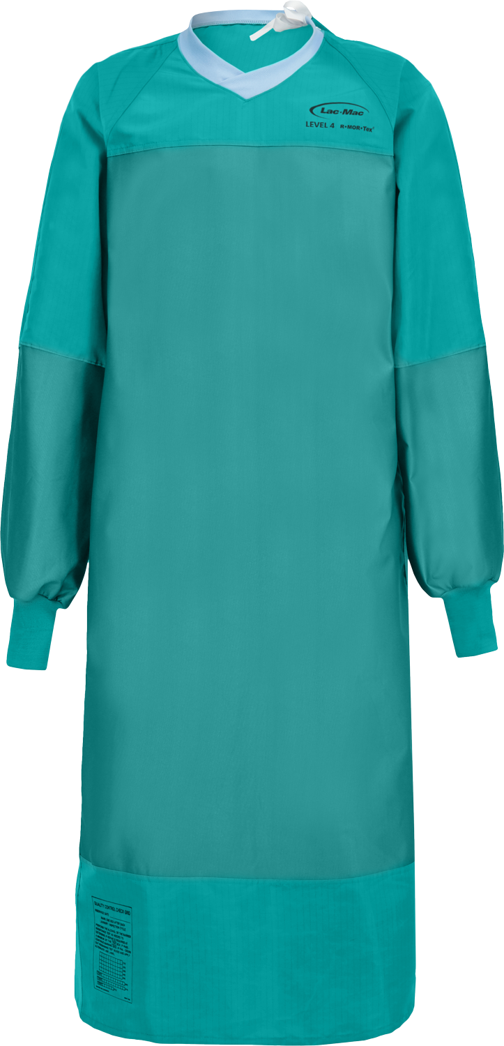 A teal medical gown with long sleeves and a blue neck trim, featuring a front body shield and elastic cuffs. This liquid-proof garment is labeled as a "Surgical Gown, Level 4, Tie Closure, Knit Neckband, 5XF" from Lac-Mac, Limited.