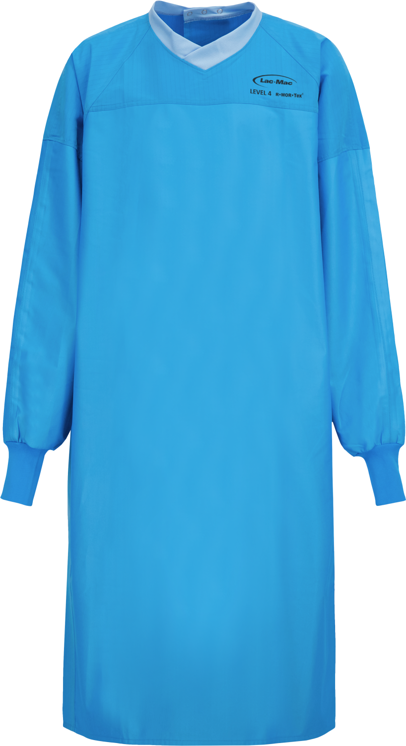 A blue long-sleeved, knee-length surgical gown with elastic cuffs and a V-neck collar, displayed against a white background. "Lac-Mac, Limited Surgical Gown, Level 4, Full Barrier to Hem, Tie Closure, Knit Neckband, 5XH" is printed on the upper chest area. This liquid-proof barrier meets the AAMI PB70 Standard for enhanced protection.