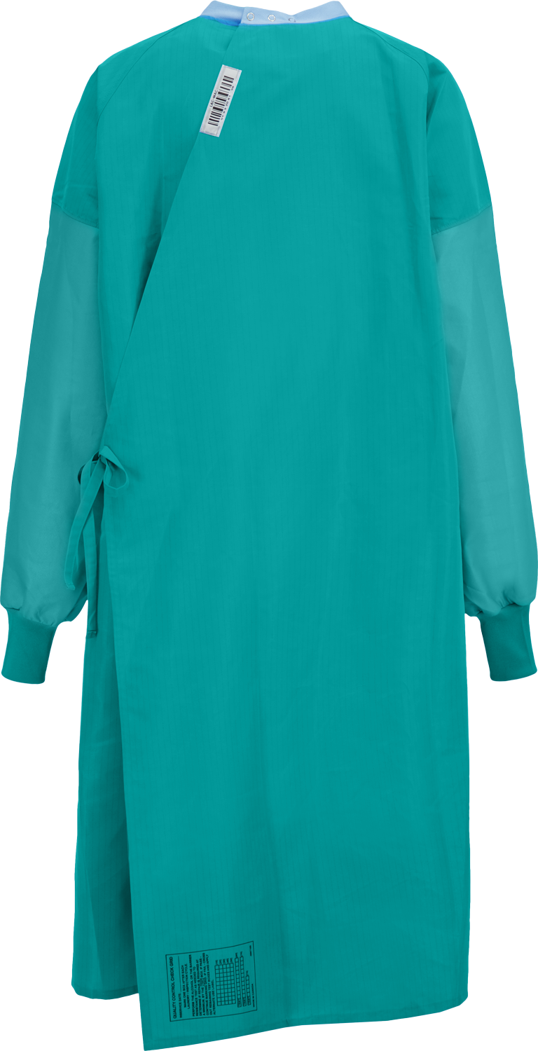 Long-sleeved green Lac-Mac, Limited Surgical Gown, Level 4, Full Barrier to Hem, Tie Closure, Knit Neckband, 5XH with a tie closure at the waist and a small barcode label near the neckline, viewed from the back. This AAMI PB70 Standard compliant gown also features a liquid-proof barrier for optimal protection.