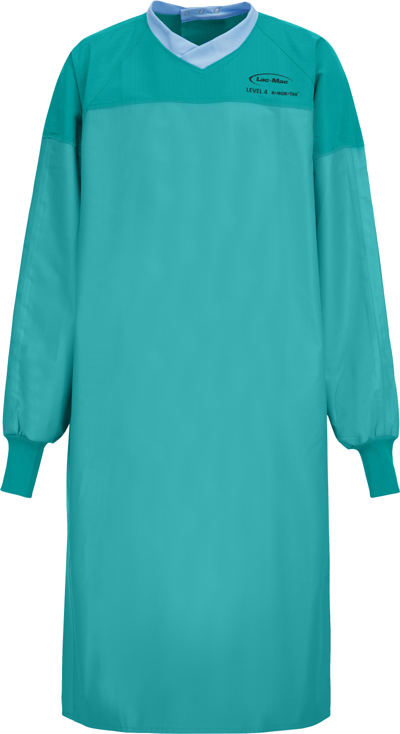 A teal-colored, long-sleeved surgical gown with elastic cuffs and a V-neck collar, labeled "Surgical Gown, Level 4, Full Barrier to Hem, Tie Closure, Knit Neckband, 5XH" by Lac-Mac, Limited, designed with a liquid-proof barrier and compliant with the AAMI PB70 Standard.