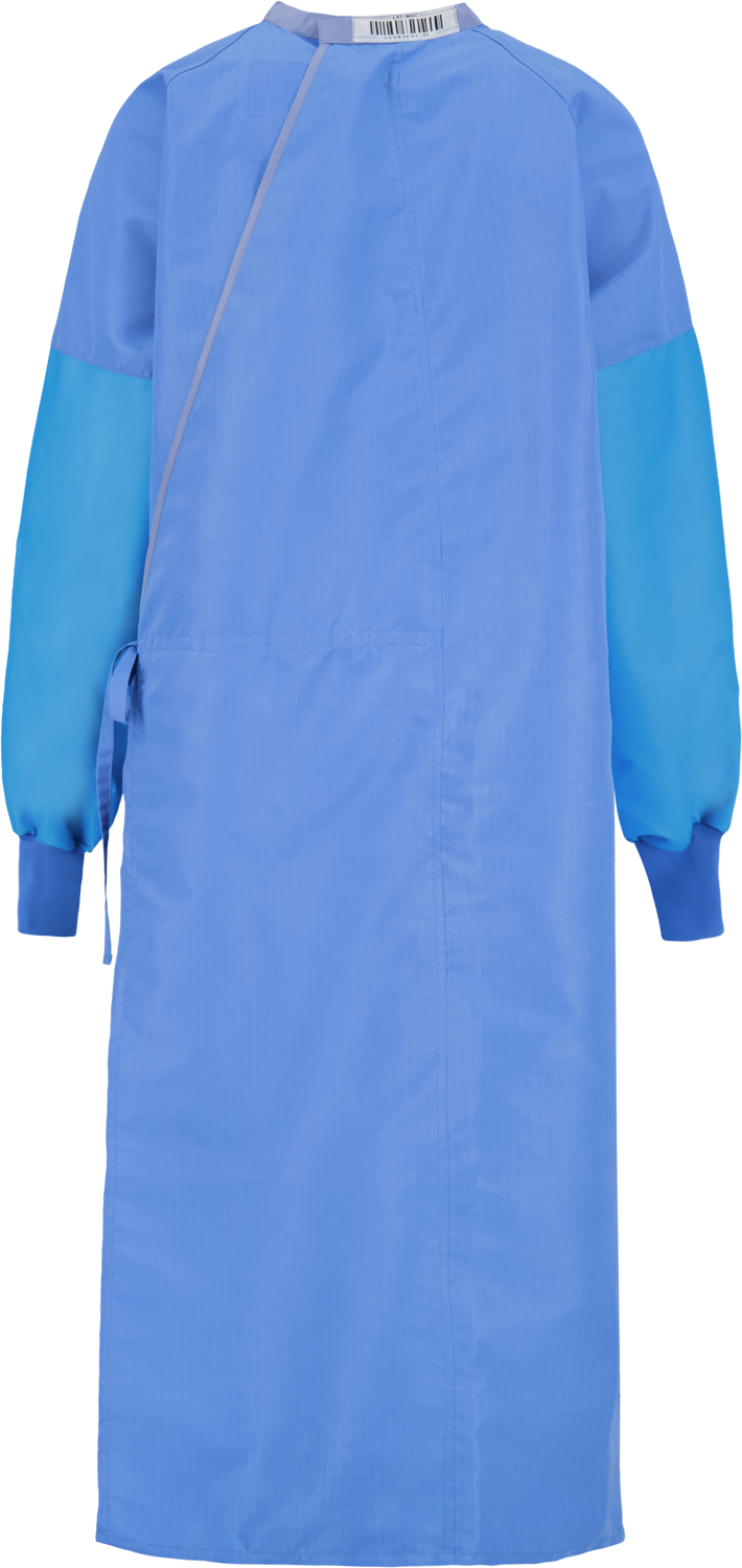 A blue Lac-Mac, Limited Surgical Gown, Level 4, Full Barrier Front to Hem, 5XXBB with long sleeves and elastic cuffs, designed to be liquid-proof for maximum protection.