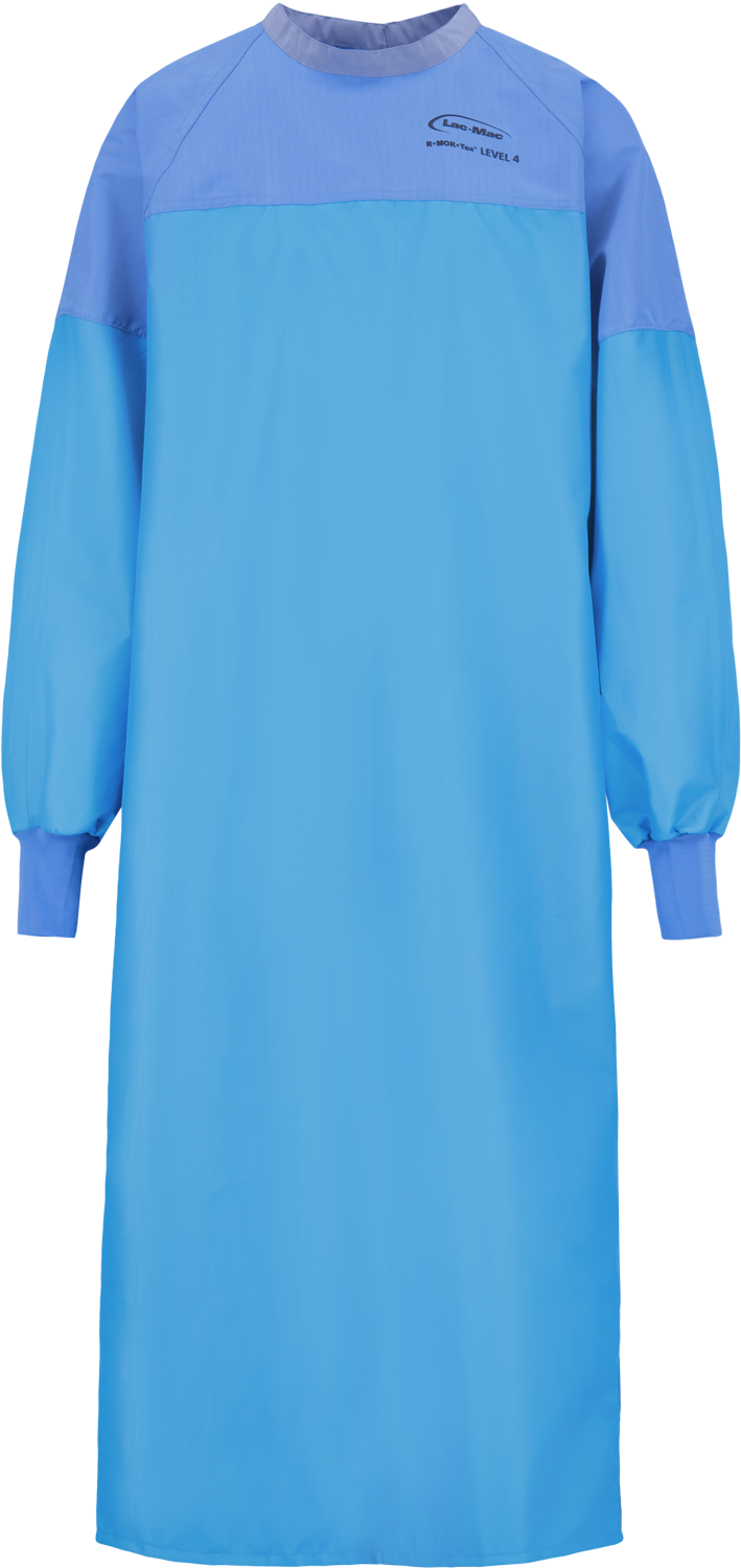A blue and purple Surgical Gown, Level 4, Full Barrier Front to Hem, 5XXBB with long sleeves, elastic cuffs, and liquid-proof Level 4 protection by Lac-Mac, Limited.