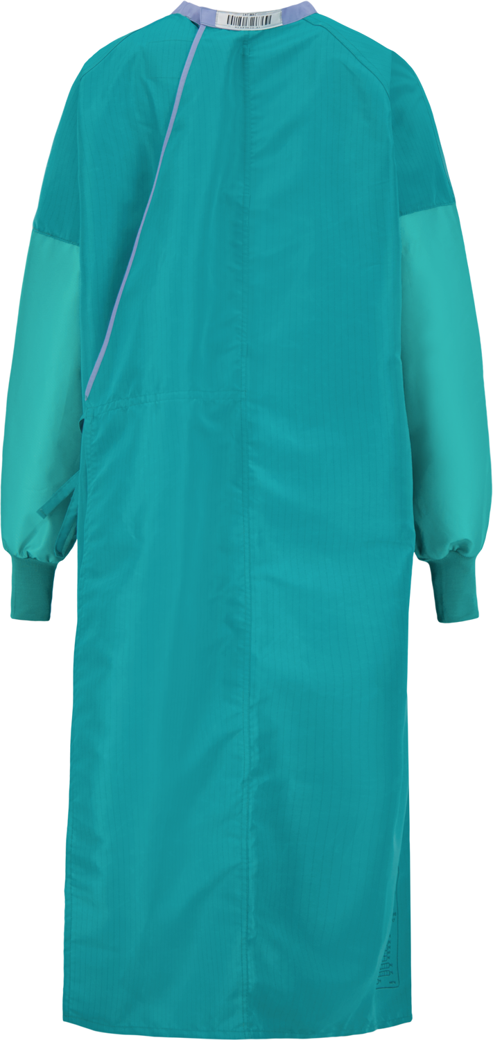 A teal-colored, long-sleeved Surgical Gown, Level 4, Full Barrier Front to Hem, 5XXBB by Lac-Mac, Limited viewed from the back, designed to be liquid-proof.