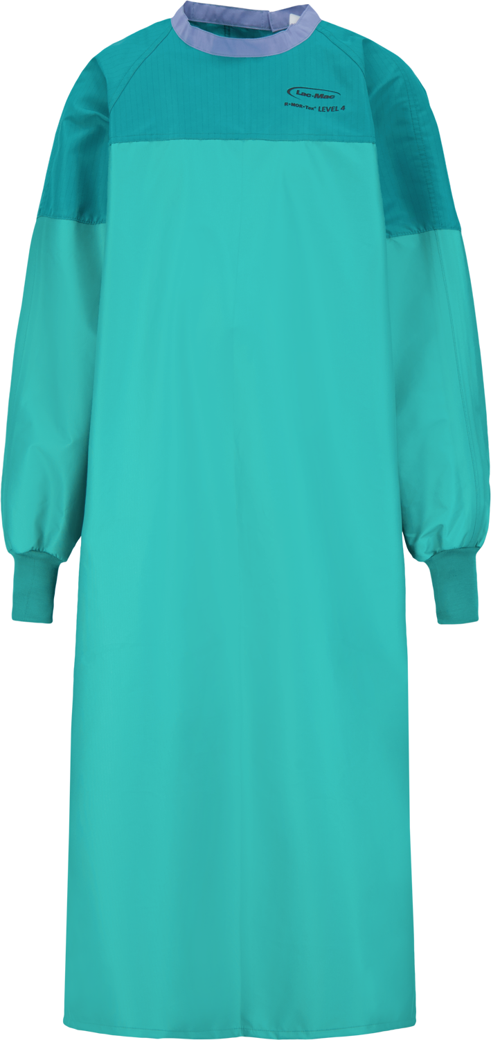 Image of a teal-colored, long-sleeved Lac-Mac, Limited Surgical Gown, Level 4, Full Barrier Front to Hem, 5XXBB with elastic cuffs and a high neck, designed to be liquid-proof.