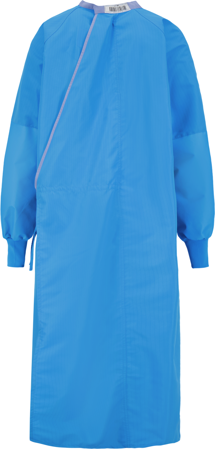 A blue Surgical Gown, Level 4, Tie Closure, 5XX from Lac-Mac, Limited with long sleeves and a closed back, crafted from liquid-proof barrier fabric, designed for protective use in healthcare settings and meets the AAMI PB70 Standard.