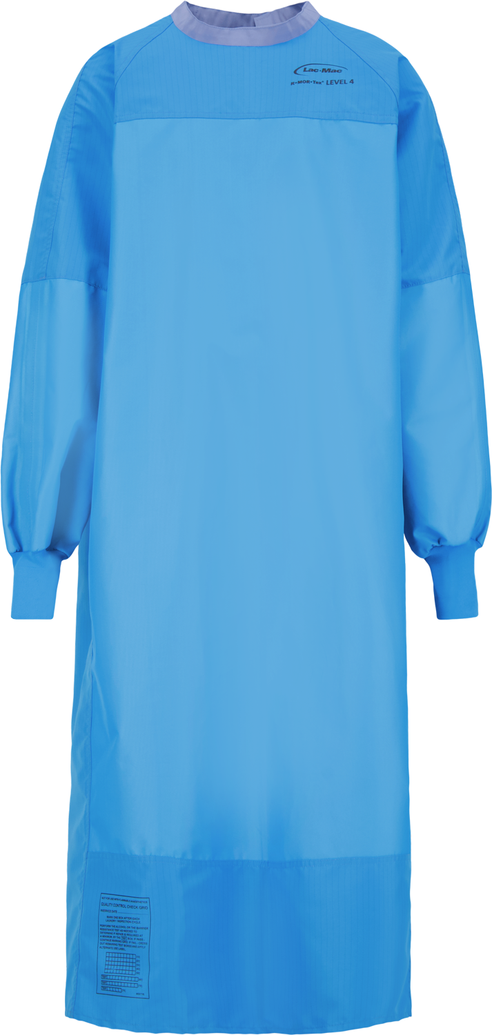 A blue, long-sleeved Surgical Gown, Level 4, Tie Closure, 5XX crafted for protective wear in healthcare settings by Lac-Mac, Limited. Complying with the AAMI PB70 Standard, this gown is fully covering, elasticized at the wrists, and made from liquid-proof barrier fabric to enhance infection control.