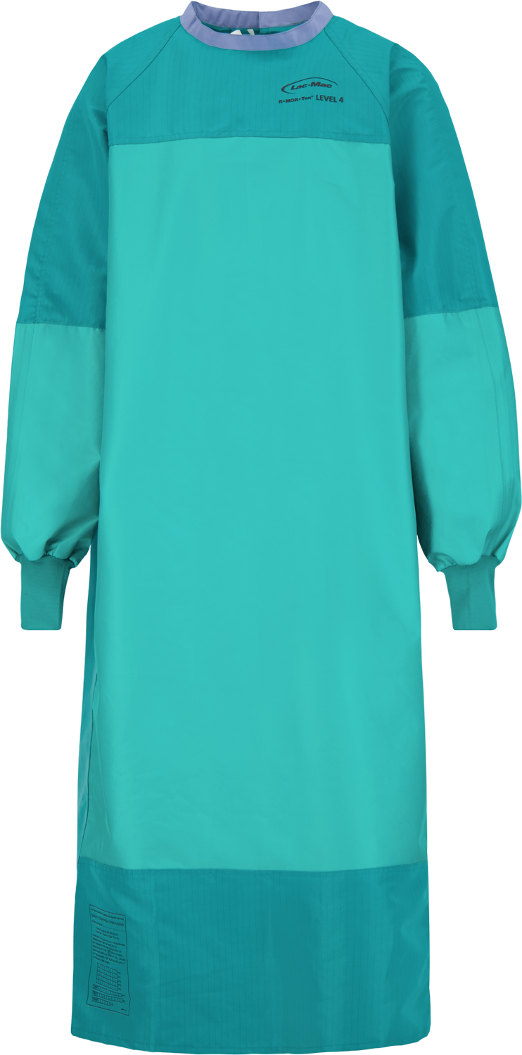 A teal-colored, long-sleeved Surgical Gown, Level 4, Tie Closure, 5XX with reinforced areas and elastic cuffs, crafted from liquid-proof barrier fabric and designed for protective use in healthcare settings. Adhering to the AAMI PB70 Standard, it ensures reliable defense against fluid penetration.