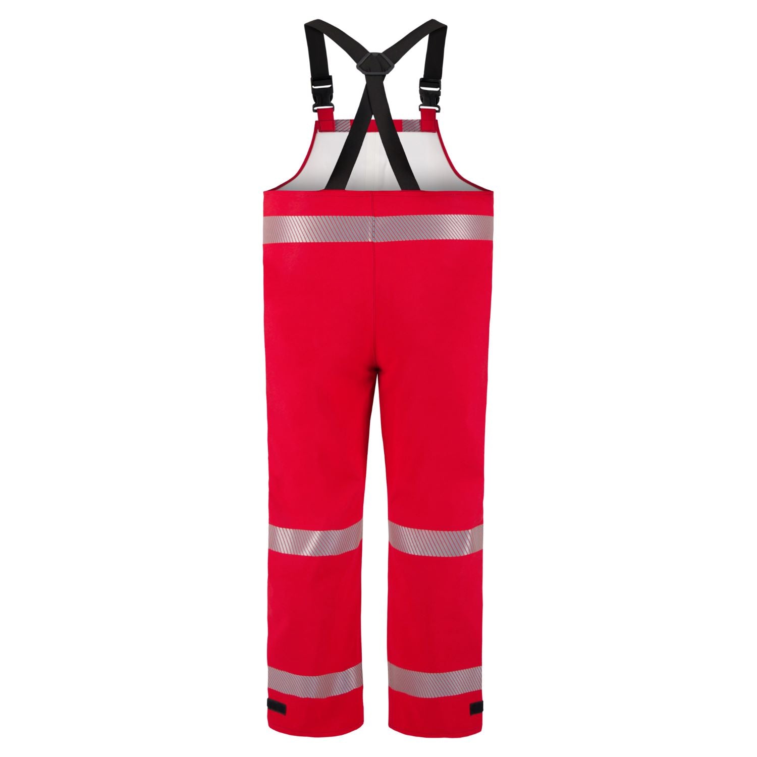 Red Chemical Splash Protective Overall with US Reflective Markings, for non-flammable liquid chemical hazards, 706A-BH from Lac-Mac, Limited with black suspenders and horizontal reflective stripes on the legs, designed for safety and high visibility, meeting NFPA 1990 Certified standards.