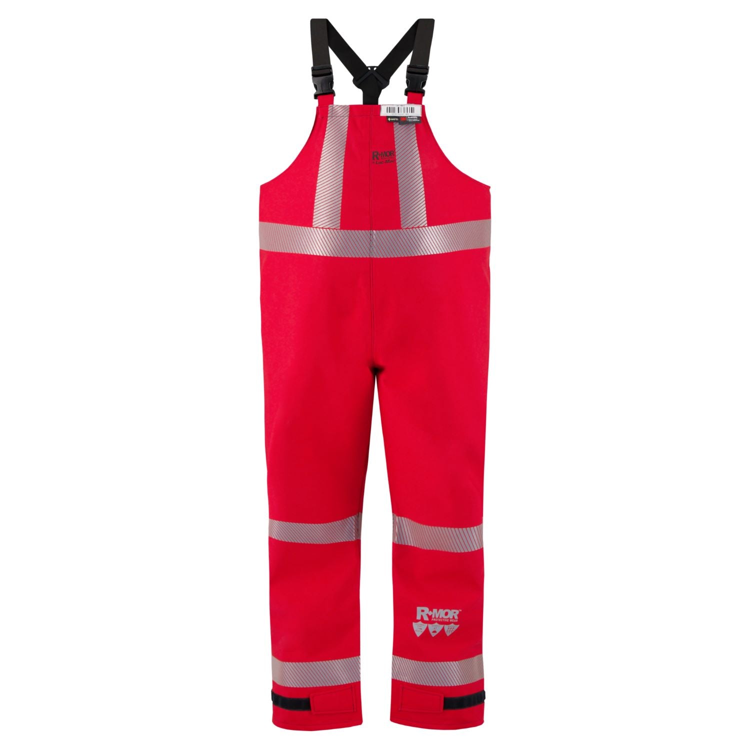 A pair of bright red Lac-Mac, Limited Chemical Splash Protective Overalls with US Reflective Markings, for non-flammable liquid chemical hazards, 706A-BH, featuring adjustable black shoulder straps, reflective stripes around the chest, waist, and lower legs, and made with GORE-TEX® for exceptional durability.
