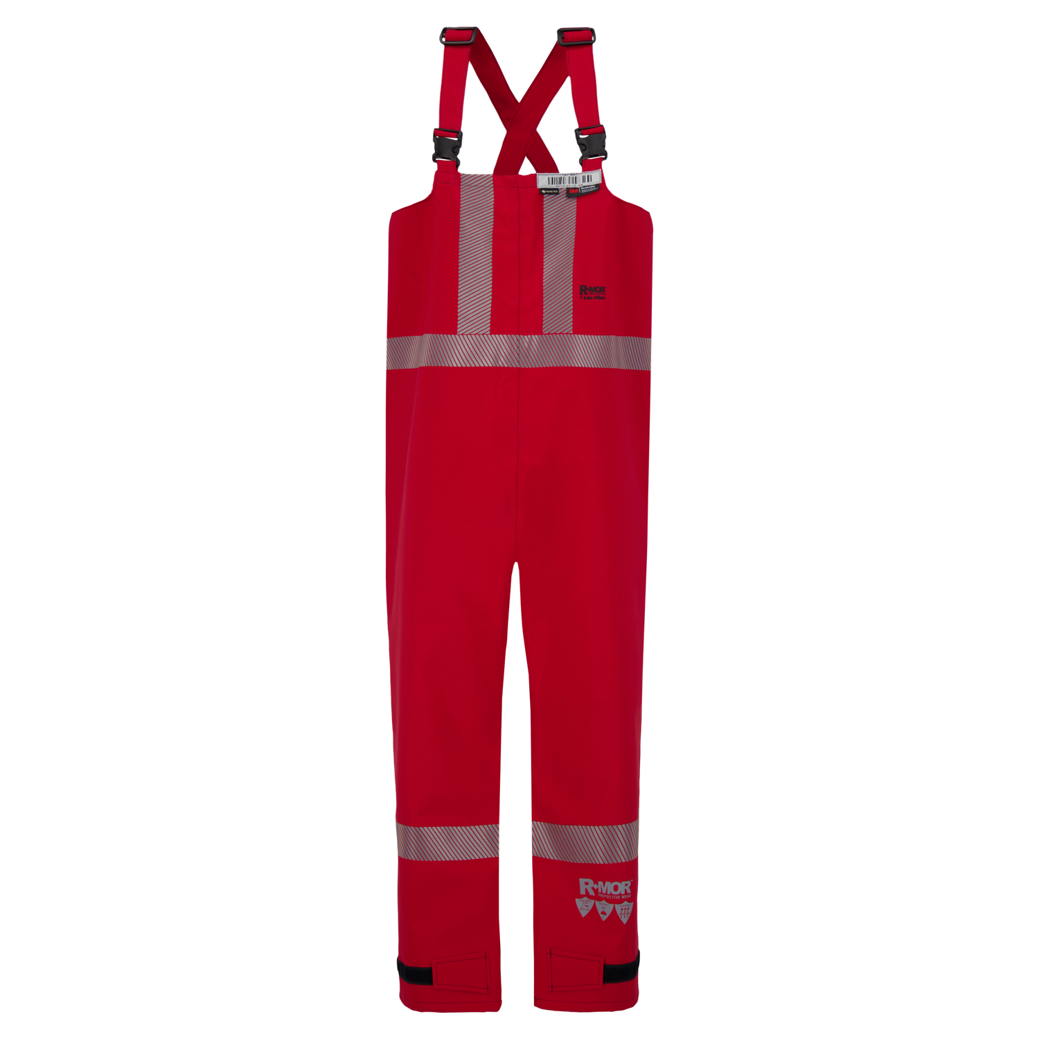 Red waterproof Chemical Splash Protective Overall (706A-BJ) with gray reflective stripes, shoulder straps, and the Lac-Mac, Limited brand logo near the bottom. Made from GORE-TEX® Chemical Splash Fabric, it ensures superior protection and is NFPA 1990 certified for added safety.
