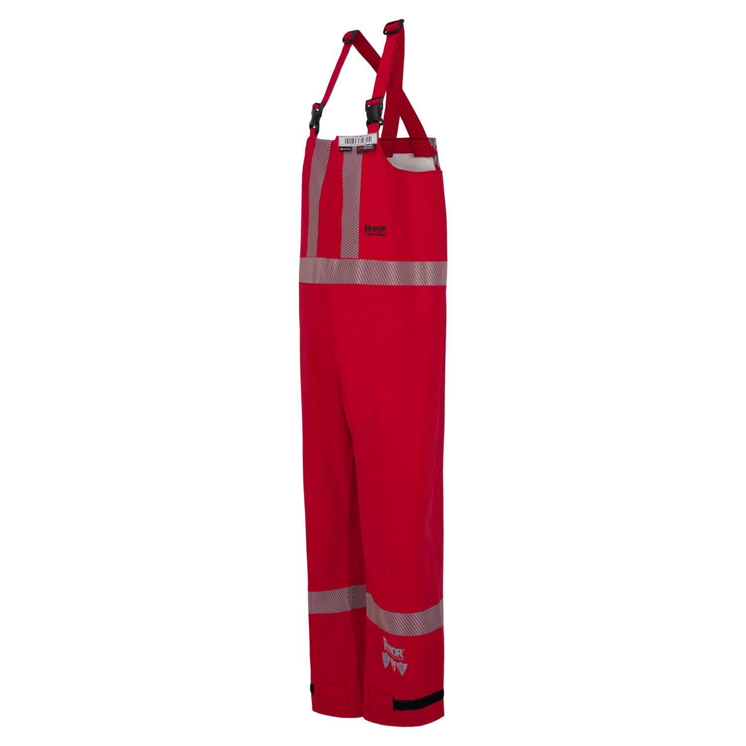 Red high-visibility safety overalls with reflective stripes and adjustable shoulder straps, made from GORE-TEX® Chemical Splash Fabric and hanging on a white background. The product is the Chemical Splash Protective Overall, for non-flammable liquid chemical hazards, Canadian Markings, 706A-BJ from Lac-Mac, Limited.