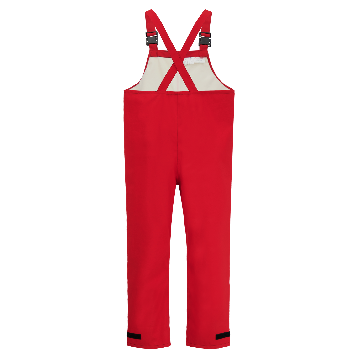 Red waterproof Chemical Splash Protective Overall, for non-flammable liquid chemical hazards, 706A by Lac-Mac, Limited with black buckles and adjustable straps, designed as protective overalls against chemical splashes. Shown against a white background.