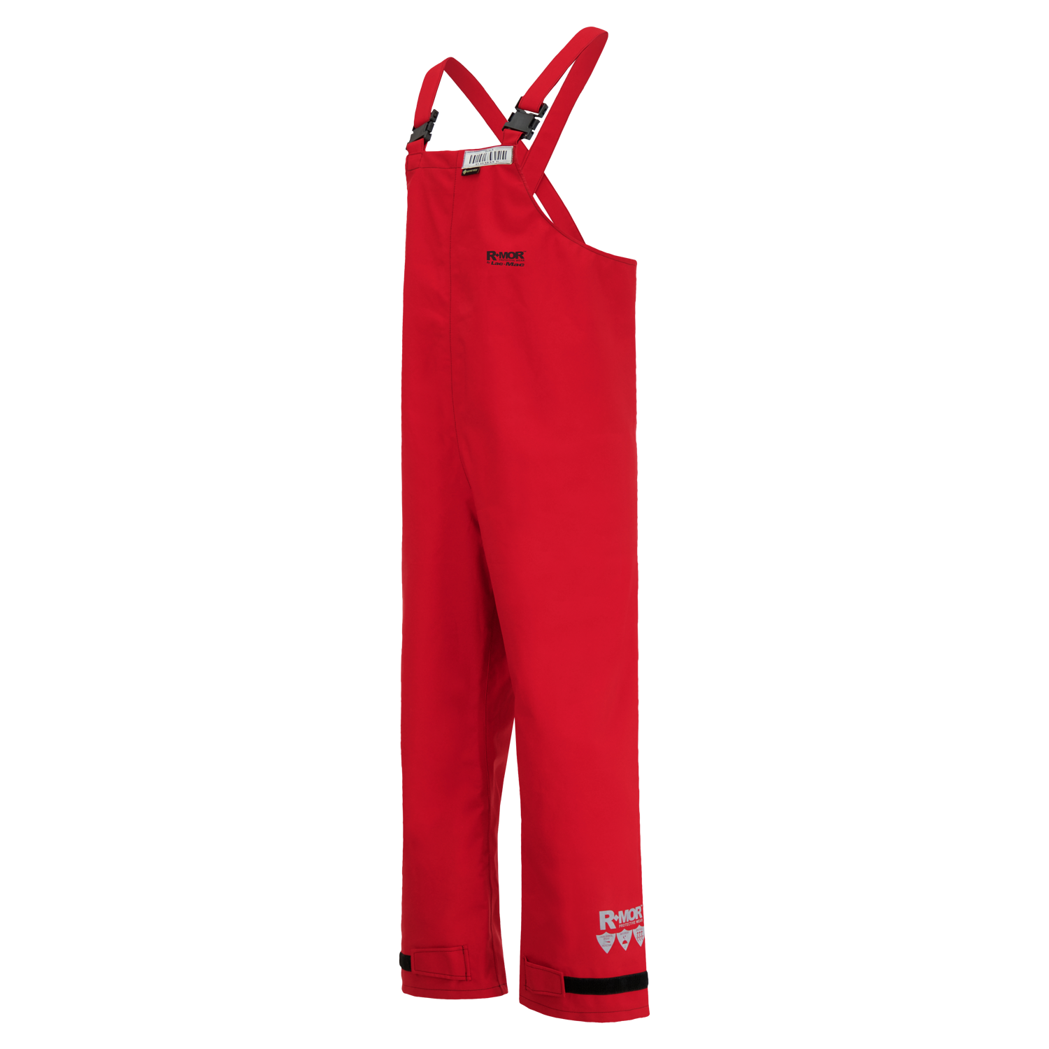 A pair of red waterproof Lac-Mac, Limited Chemical Splash Protective Overall, for non-flammable liquid chemical hazards, 706A with adjustable shoulder straps, black trim at the ankles, and built-in protection against chemical splashes.