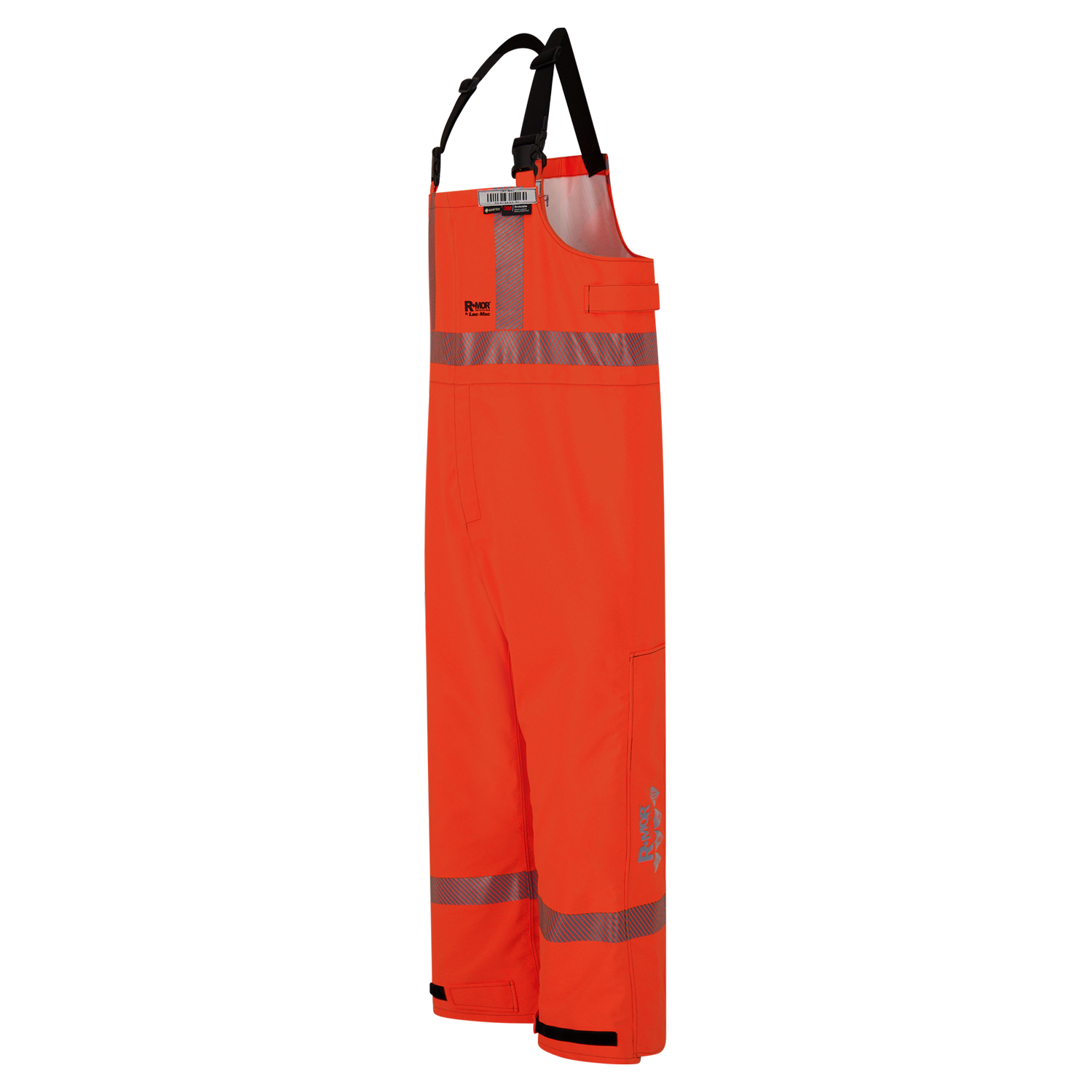 Bright orange, high-visibility waterproof overalls made from texturized GORE-TEX with reflective stripes, adjustable black shoulder straps, side pockets, and a printed safety logo on the lower leg. NFPA 1990 certified for liquid chemical splash protection are now available as the High-Visibility Chemical Splash Protective Overall, for non-flammable liquid chemical hazards, Canadian Markings, Regular, 706D-AA by Lac-Mac, Limited.