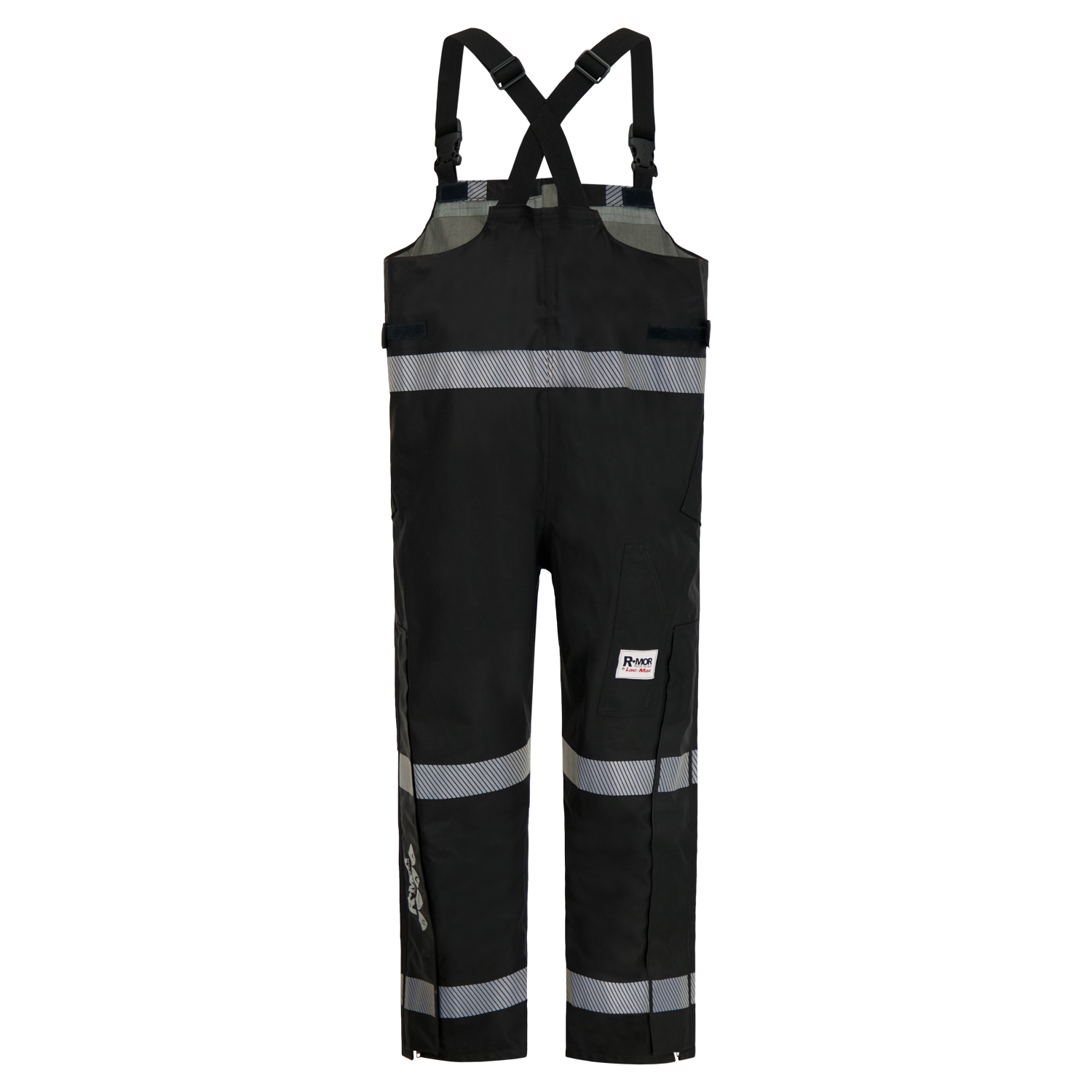 A pair of Overall, Black, FR/ARC Rated, US Markings, Regular, 706F-BL with suspenders and reflective stripes, designed for safety and visibility, from the Lac-Mac, Limited line.