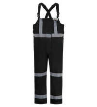 Lac-Mac, Limited 706F-BL black overalls with reflective strips on legs, torso, and shoulders. Adjustable black shoulder straps with buckles for a secure fit. Ideal for safety, the Lac-Mac, Limited 706F-BL is FR ARC-Flash Rated.
