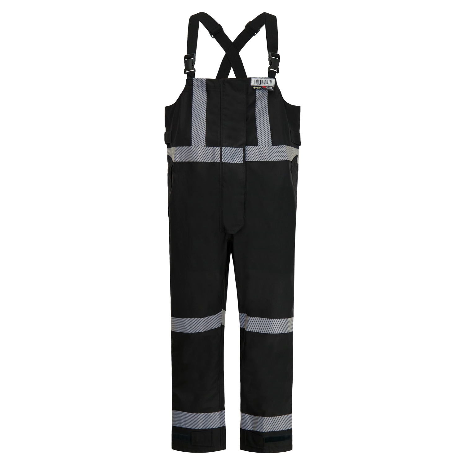 Lac-Mac, Limited 706F-BL black overalls with reflective strips on legs, torso, and shoulders. Adjustable black shoulder straps with buckles for a secure fit. Ideal for safety, the Lac-Mac, Limited 706F-BL is FR ARC-Flash Rated.