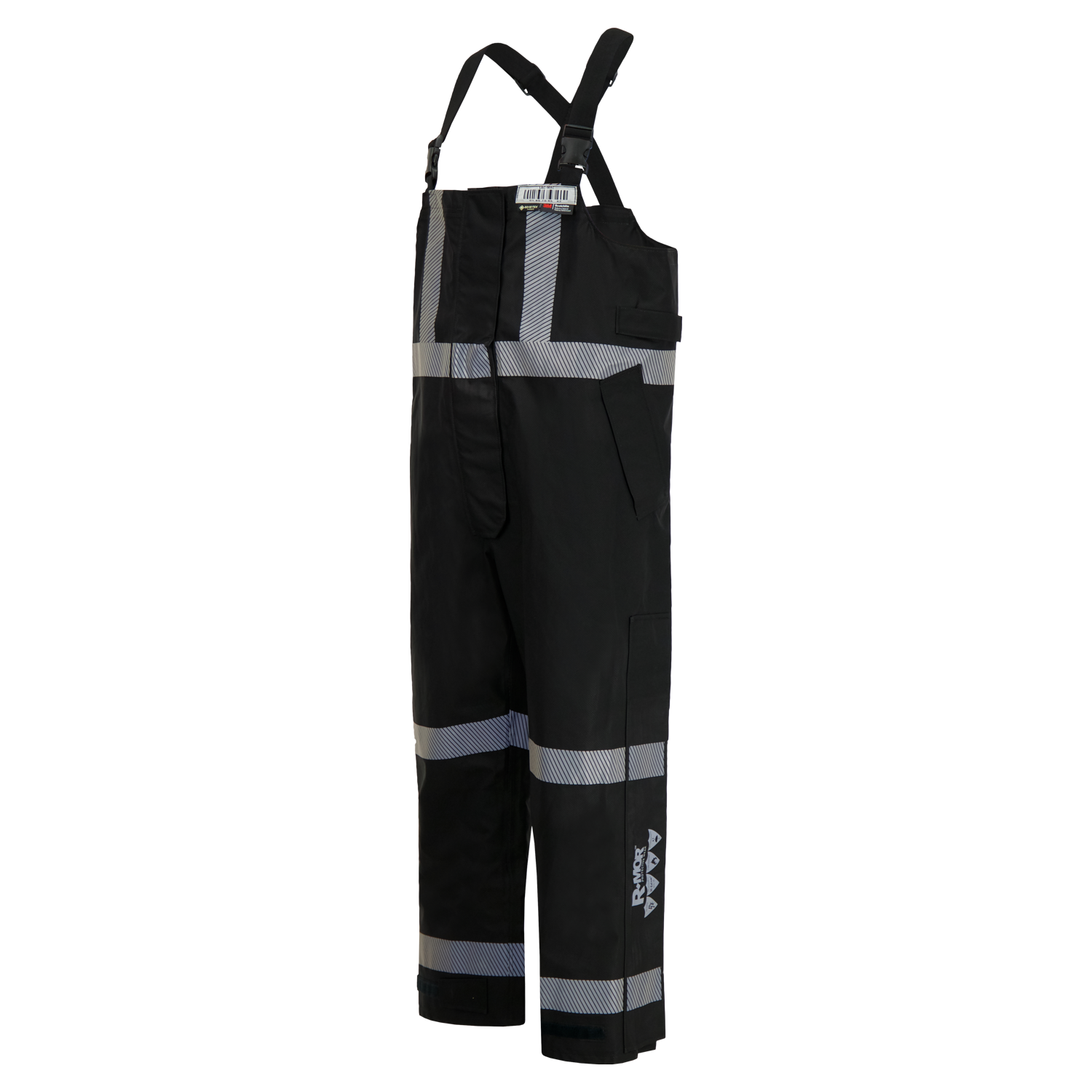 Black bib-overalls with reflective strips, designed for safety and visibility, featuring shoulder straps and a front pocket. Lac-Mac Limited ensures FR ARC-Flash rated protection with their Overall, Black, FR/ARC Rated, US Markings, Regular, 706F-BL.