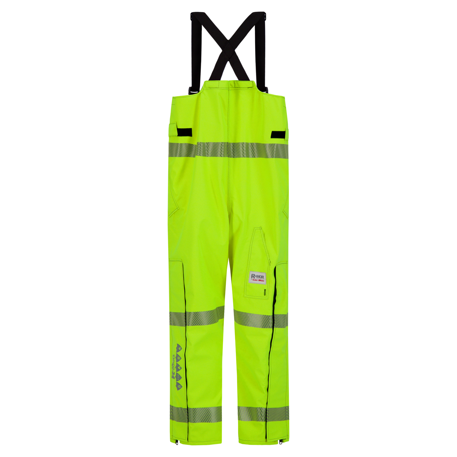 A pair of high-visibility fluorescent yellow overalls with reflective strips, black suspenders, and arc-flash rated protection, specifically the Overall, High-Visibility FR/ARC Rated, US Markings, Regular, 706F-BL by Lac-Mac, Limited.