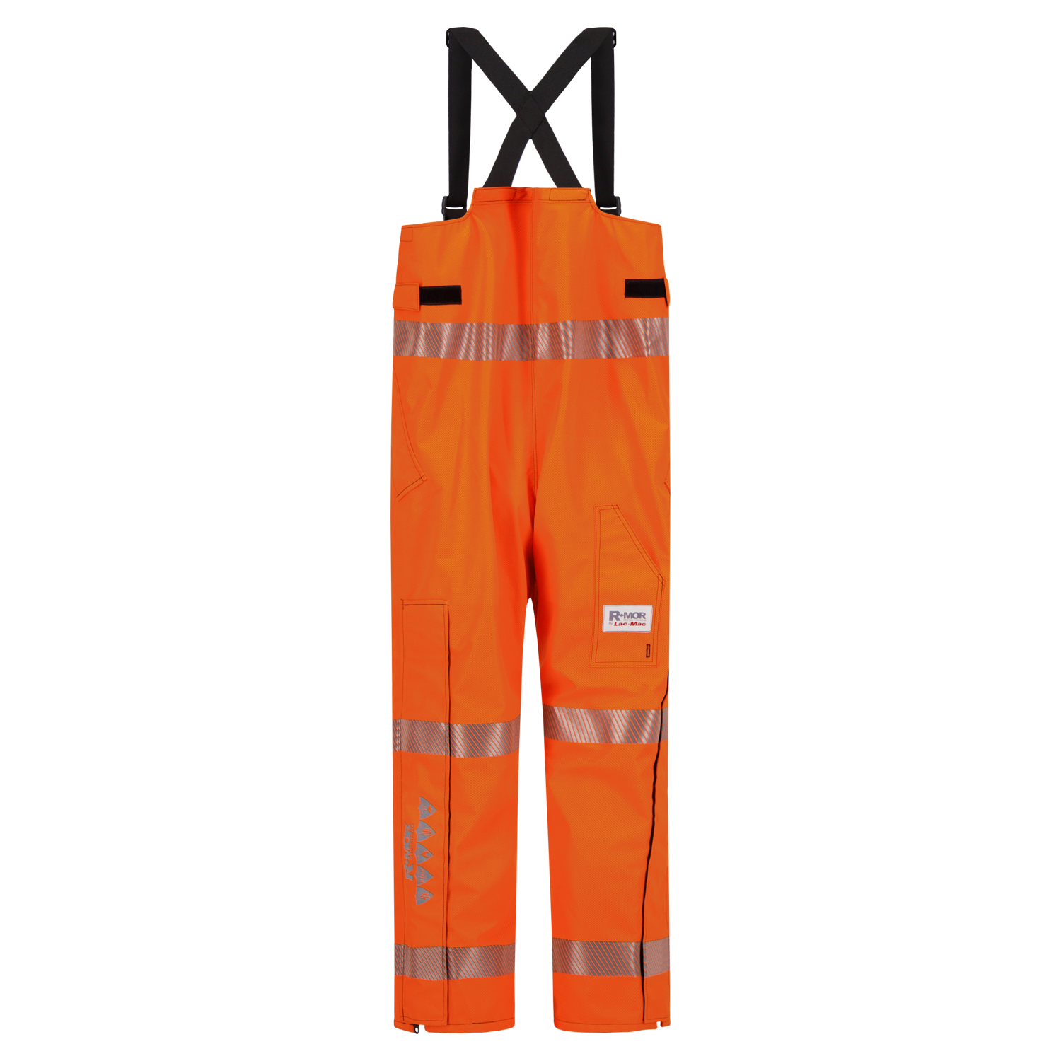 A pair of bright orange Overall, High-Visibility FR/ARC Rated, US Markings, Regular, 706F-BL from Lac-Mac, Limited with reflective strips, black shoulder straps, and multiple pockets, hanging vertically.