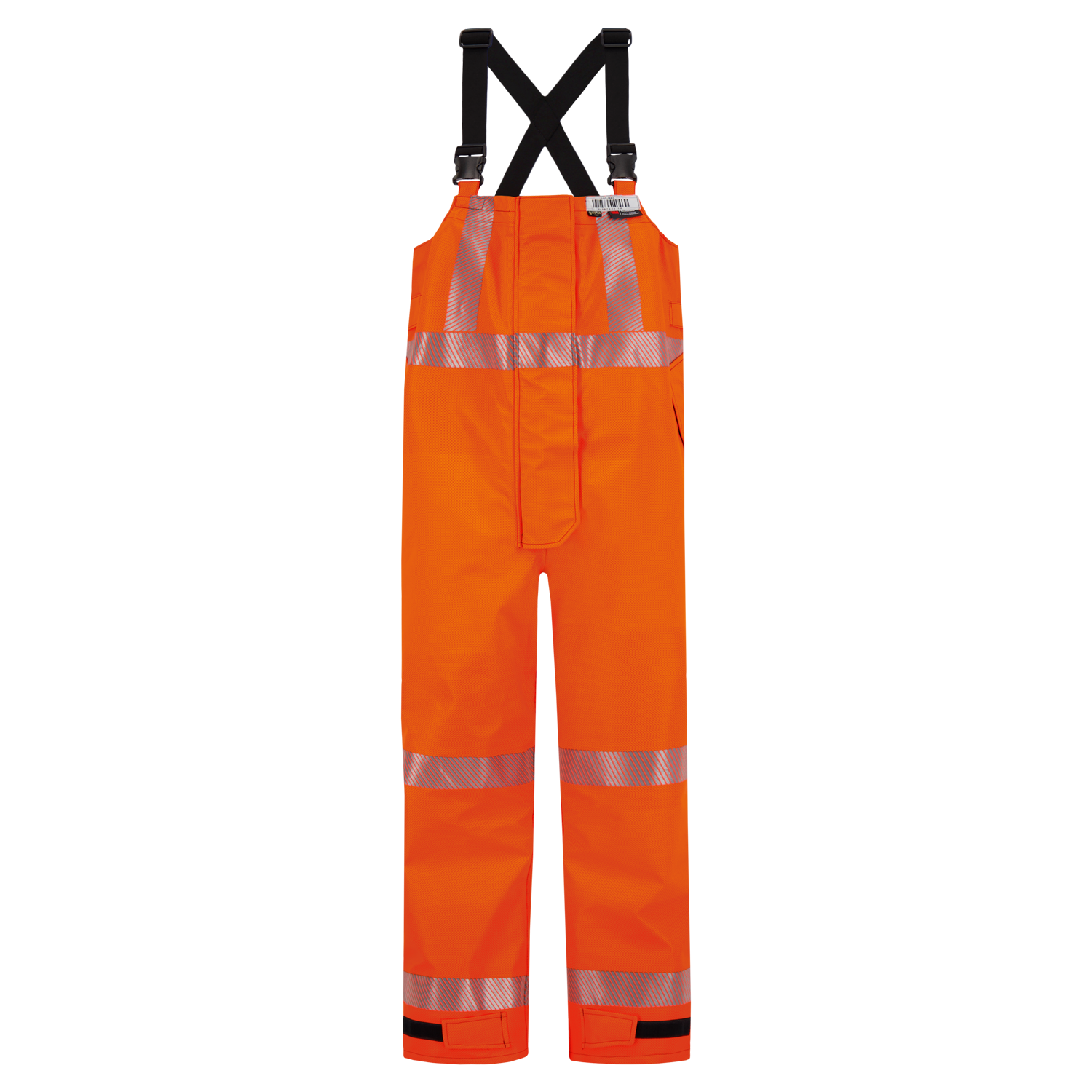 Bright orange high-visibility waterproof dungarees with reflective silver stripes, black suspenders, and GORE-TEX PYRAD fabric for added durability. Product Name: Overall, High-Visibility FR/ARC Rated, US Markings, Regular, 706F-BL. Brand Name: Lac-Mac, Limited.