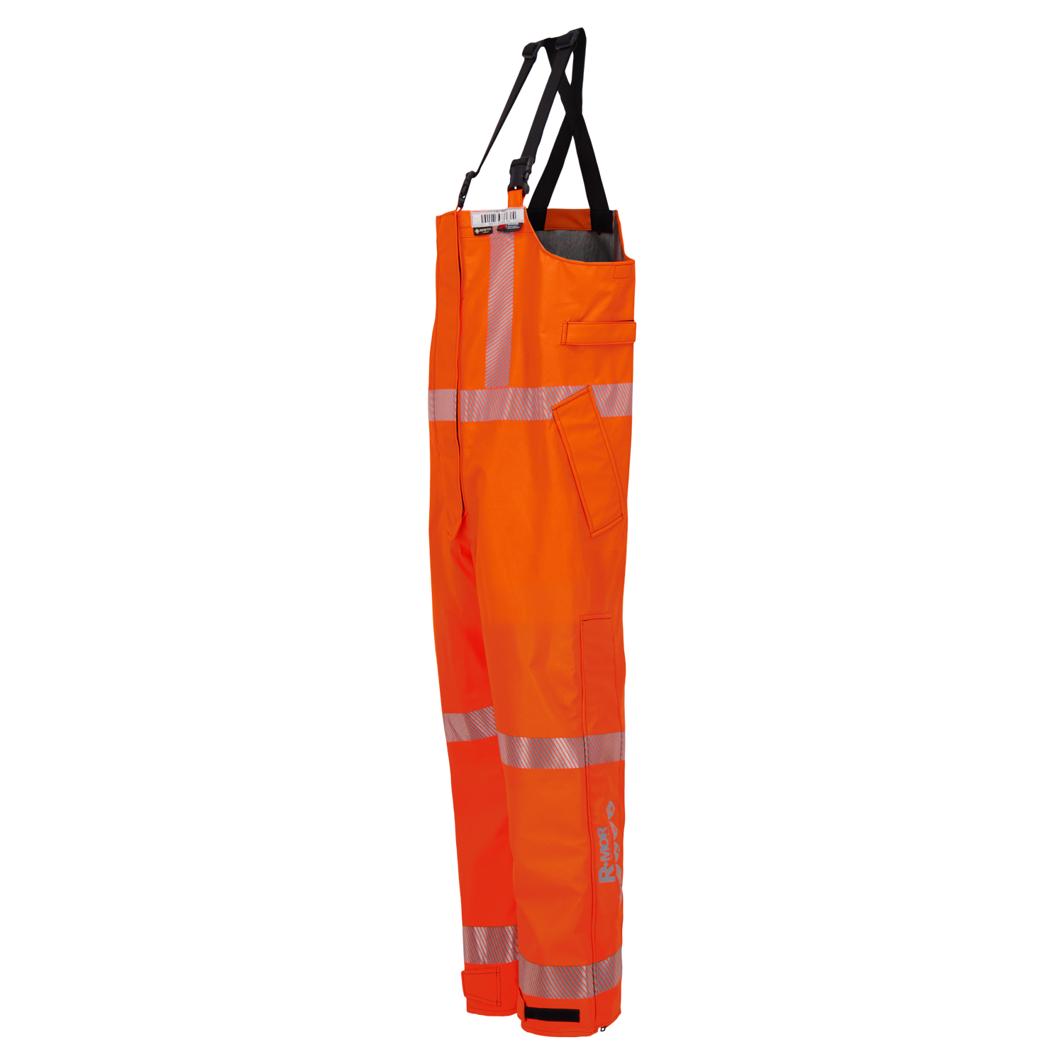 Bright orange Lac-Mac, Limited Overall, High-Visibility FR/ARC Rated, US Markings, Regular, 706F-BL with reflective stripes, hanging on a hook. Equipped with multiple pockets and adjustable straps.