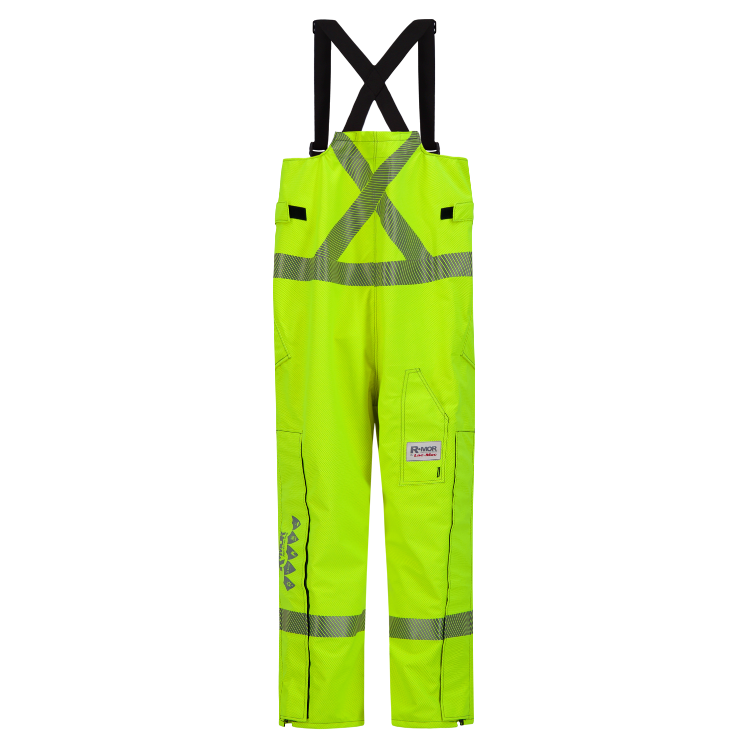 A pair of bright yellow waterproof overalls with black suspenders and reflective strips, designed for high-visibility and safety, offering protective wear that’s also arc-flash rated. 
Replaced Sentence: The Lac-Mac Limited Overall, High-Visibility FR/ARC Rated, Canadian Markings, Regular, 706F-BU is a pair of bright yellow waterproof overalls with black suspenders and reflective strips, designed for high-visibility and safety.