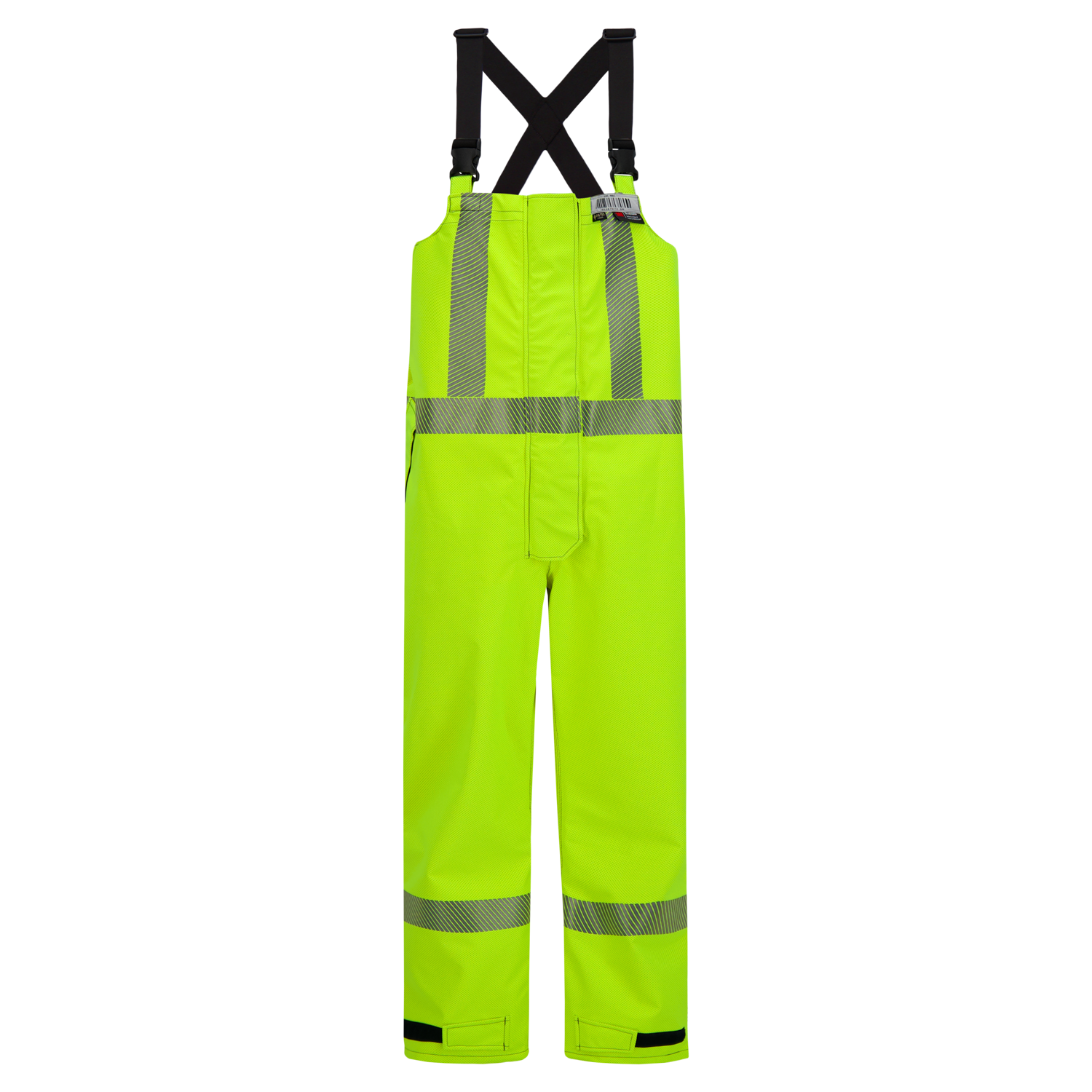 High-visibility yellow bib overalls with reflective stripes, black adjustable suspenders, and arc-flash rated protective wear. Introducing the Overall, High-Visibility FR/ARC Rated, Canadian Markings, Regular, 706F-BU from Lac-Mac, Limited.