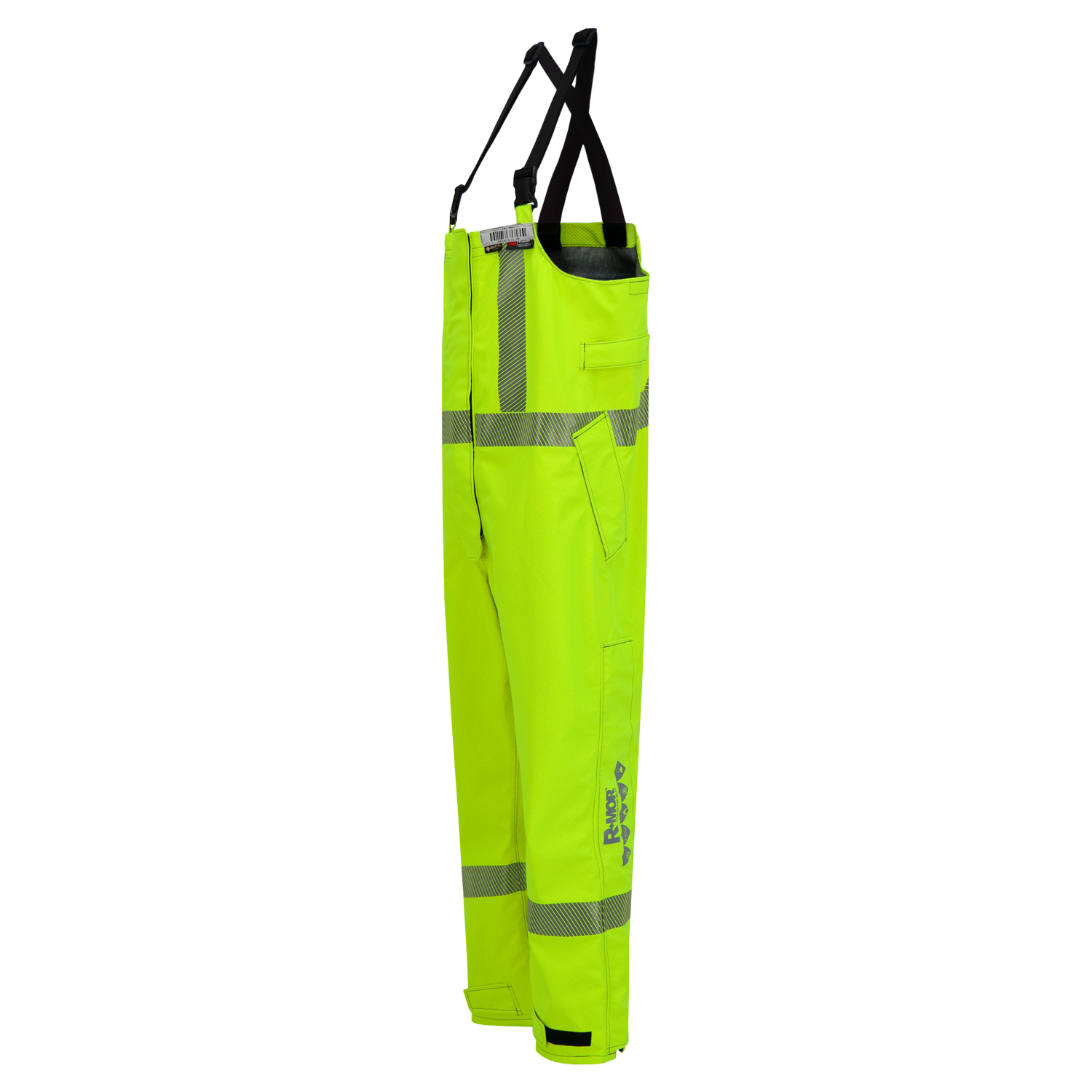 A Lac-Mac, Limited Overall, High-Visibility FR/ARC Rated, Canadian Markings, Regular, 706F-BU made from Gore-Tex Pyrad fabric with reflective stripes and multiple pockets, hanging from black suspenders.