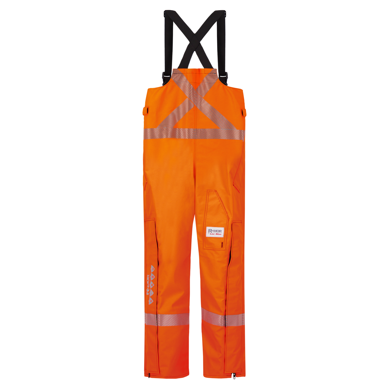 Orange high-visibility safety overalls with reflective strips, black suspenders, and multiple pockets, featuring FR ARC-Flash Rated protection and meeting PPE Category 3 standards are replaced by the Lac-Mac, Limited Overall, High-Visibility FR/ARC Rated, Canadian Markings, Regular, 706F-BU.