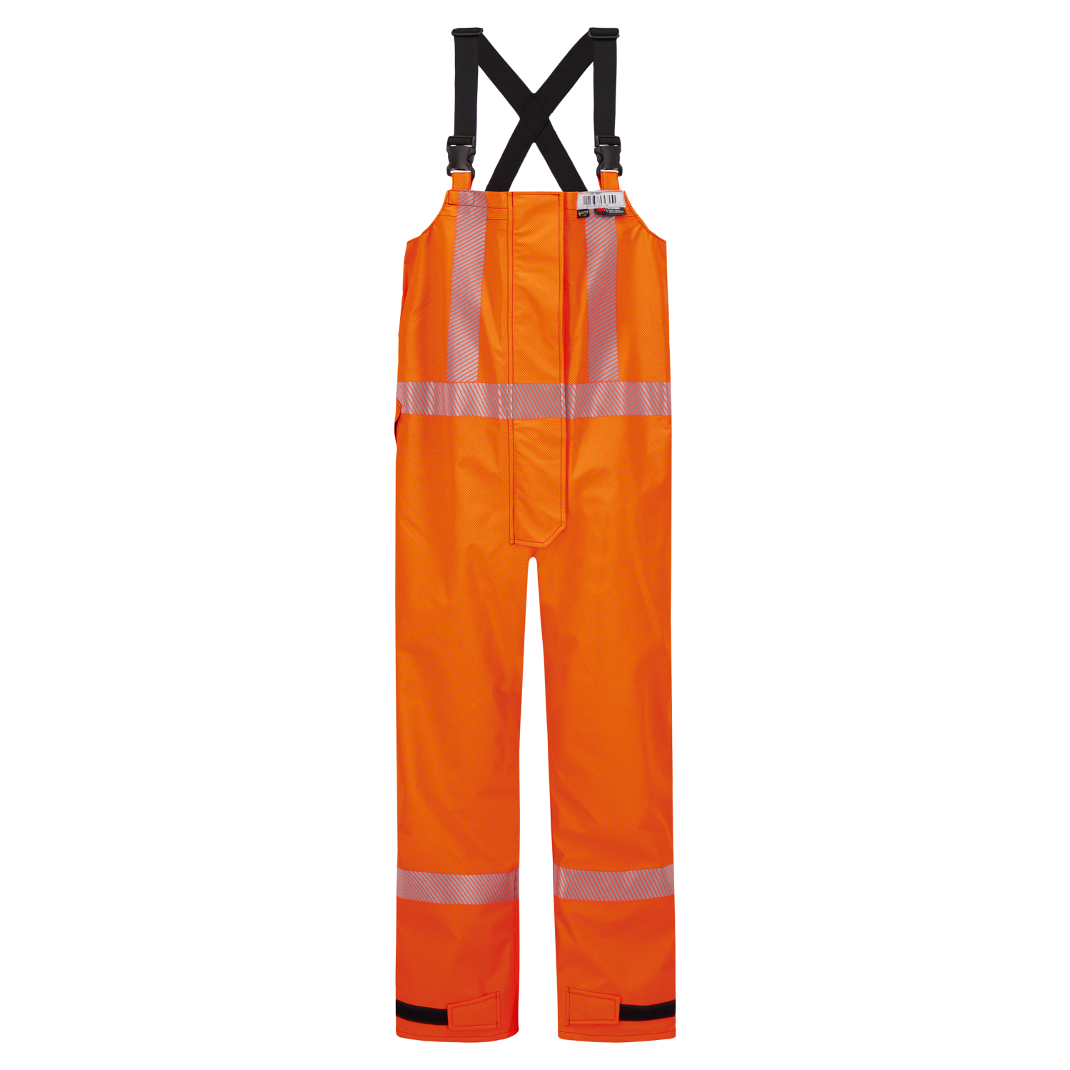 Bright orange high-visibility safety overalls with reflective stripes, designed with black shoulder straps and side pockets. These overalls feature the ORANGEGORE-TEX PYRAD technology for superior protection, ensuring they meet PPE Category 3 standards: Overall, High-Visibility FR/ARC Rated, Canadian Markings, Regular, 706F-BU by Lac-Mac, Limited.