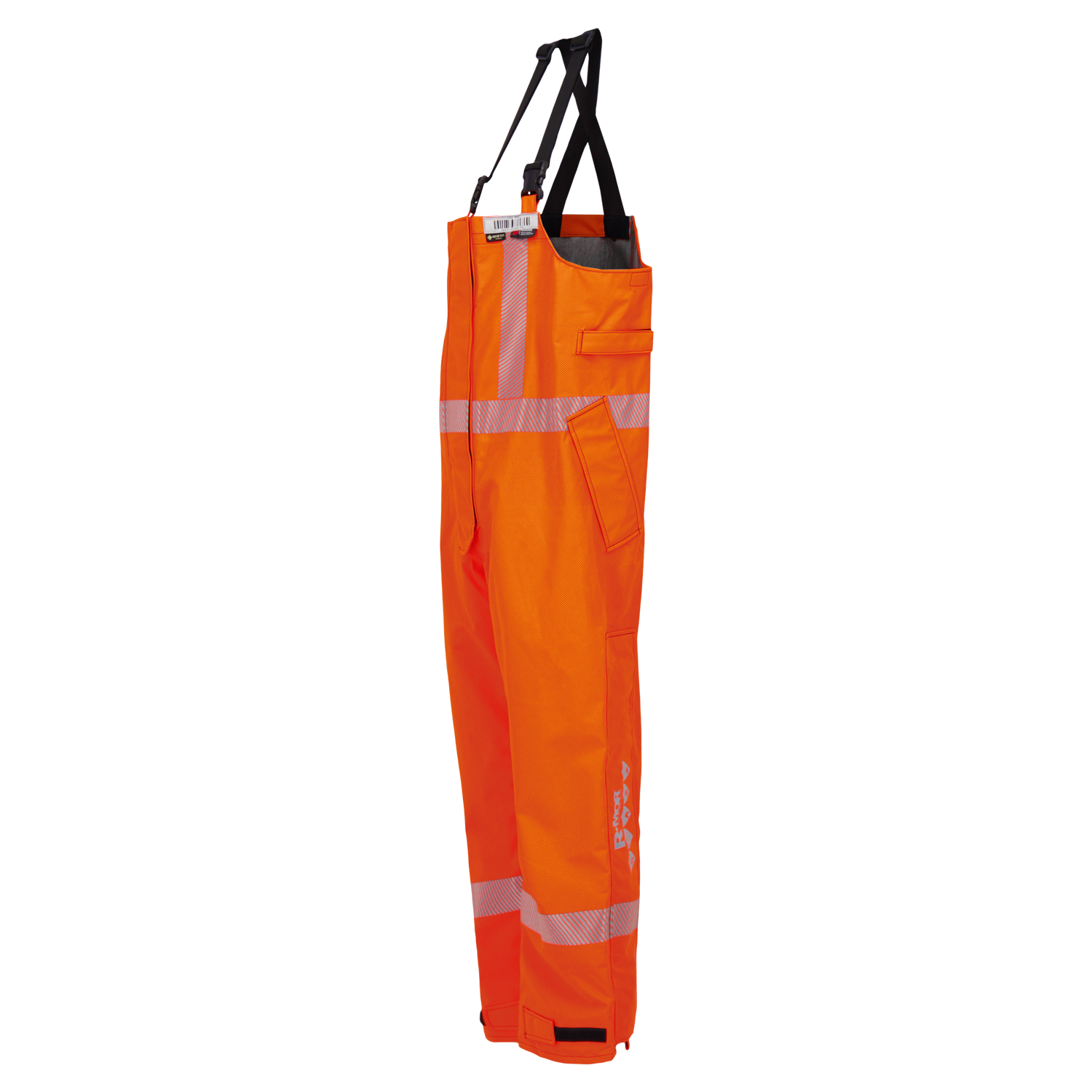 The Lac-Mac Women's Overall 706FWAA is a high-visibility FR/ARC-rated coverall in orange with reflective stripes, black suspenders, pockets, and adjustable cuffs, shown against a plain white background.