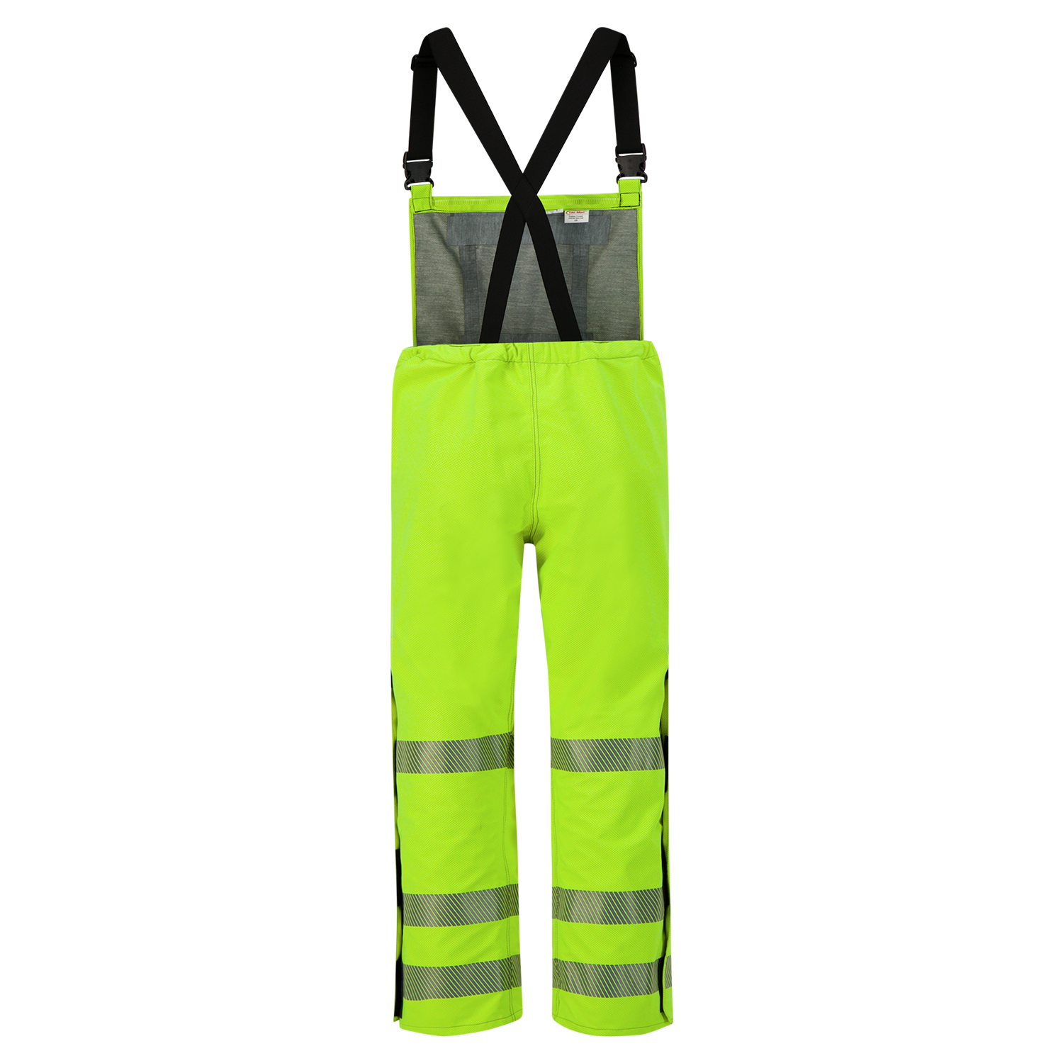 Bright high-visibility yellow safety pants with black suspenders and reflective stripes on the legs. These Lac-Mac, Limited Overall, High-Visibility, FR/ARC Rated, SAFE-T™ Style, Reflective Markings, Regular, 706FE also feature side pockets and reinforced knees for added durability.