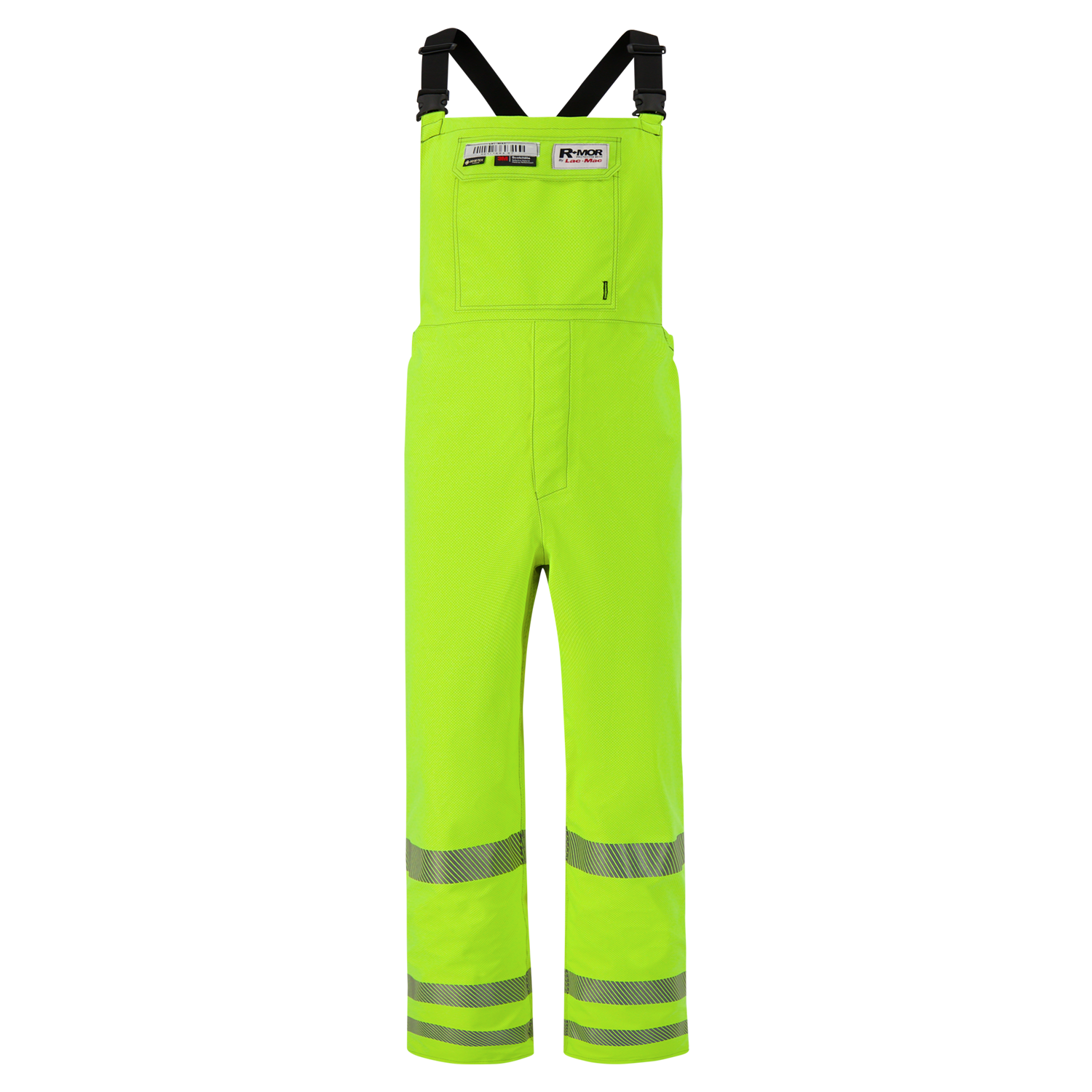 High-Visibility Yellow safety overalls with black straps and reflective strips on the legs, featuring Overall, High-Visibility, FR/ARC Rated, SAFE-T™ Style, Reflective Markings, Regular, 706FE from Lac-Mac, Limited for maximum safety.